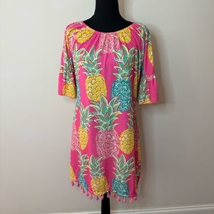 Simply Southern Pink Yellow Pineapples Tassel Dress